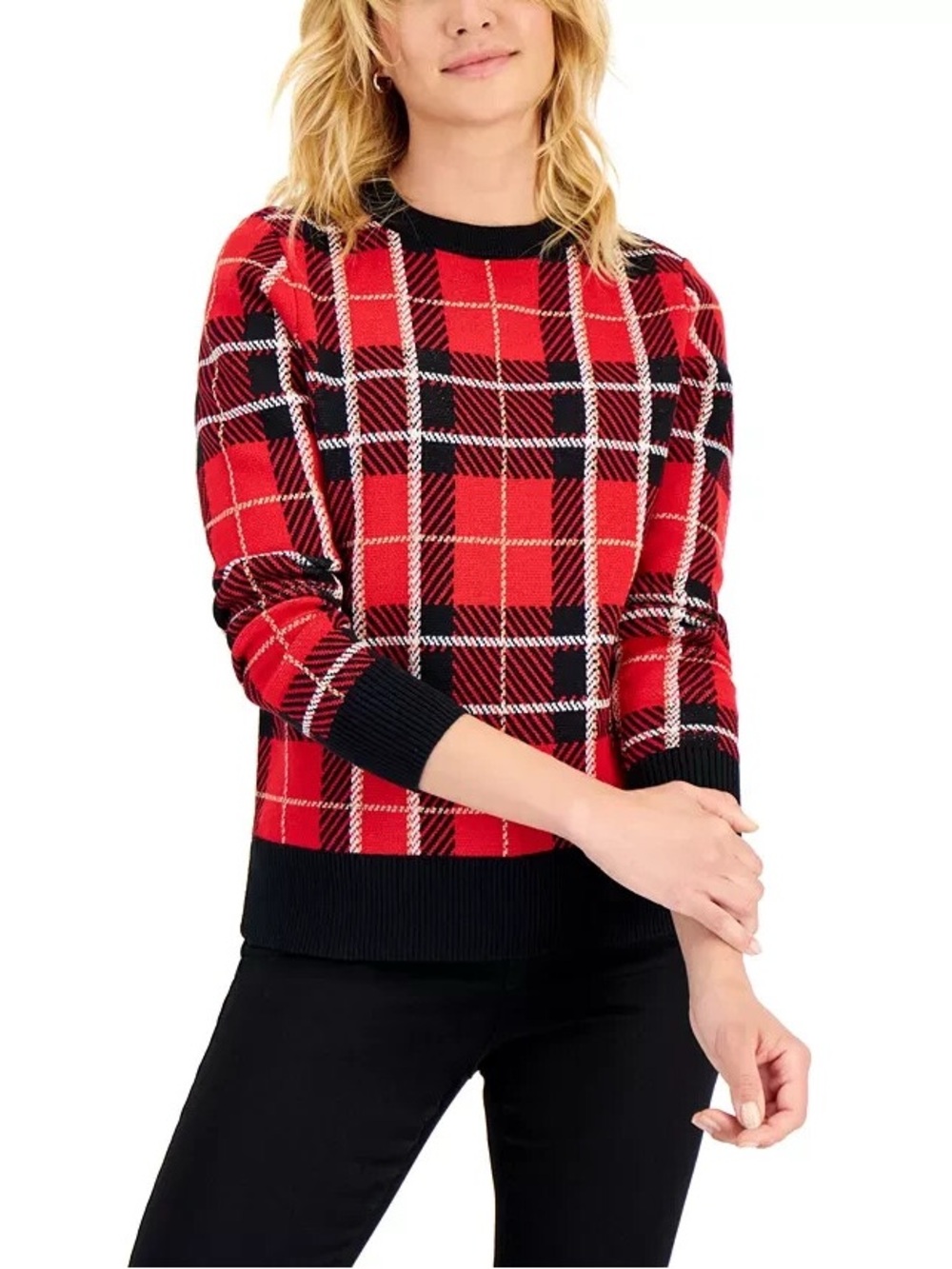 Charter Club Red Black Plaid Crewneck Sweater - Size PS